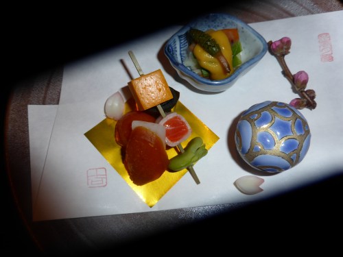 Course 1 was the standout!. Arch shell and scallion dressed in a sour miso sauce, pink shrimp with motomi miso, conger ell rolled in kelp, omlet, salmon rolled in turnip, horse bean, kumquat compote, dried mullet roe with radish and lily bulb shaped like petals.